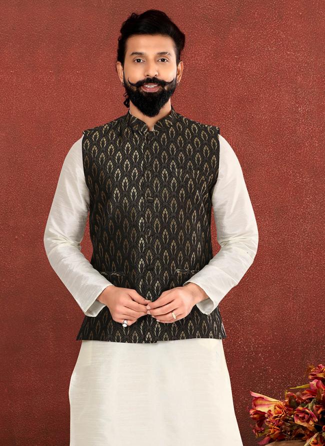 Jacquard Silk Black Festival Wear Embroidery Work Readymade Men's Waist Coat